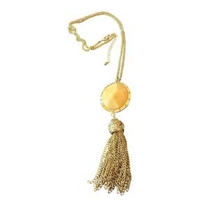 Vintage Gold Tone Long Tassel Necklace Yellow Resin Statement Pendant 36 In